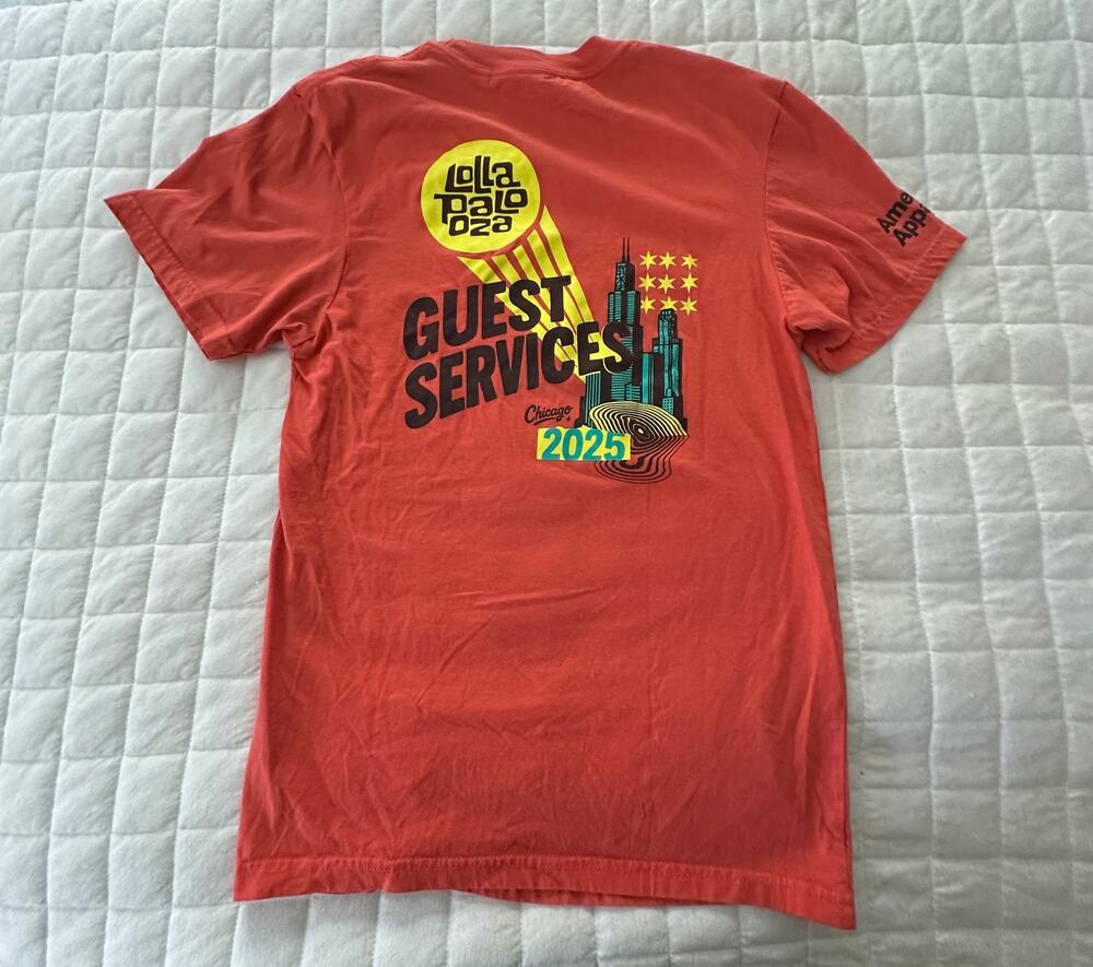 Lollapalooza 2025 Shirt Small Orange Chicago Crew Guest Services Graphic Tee